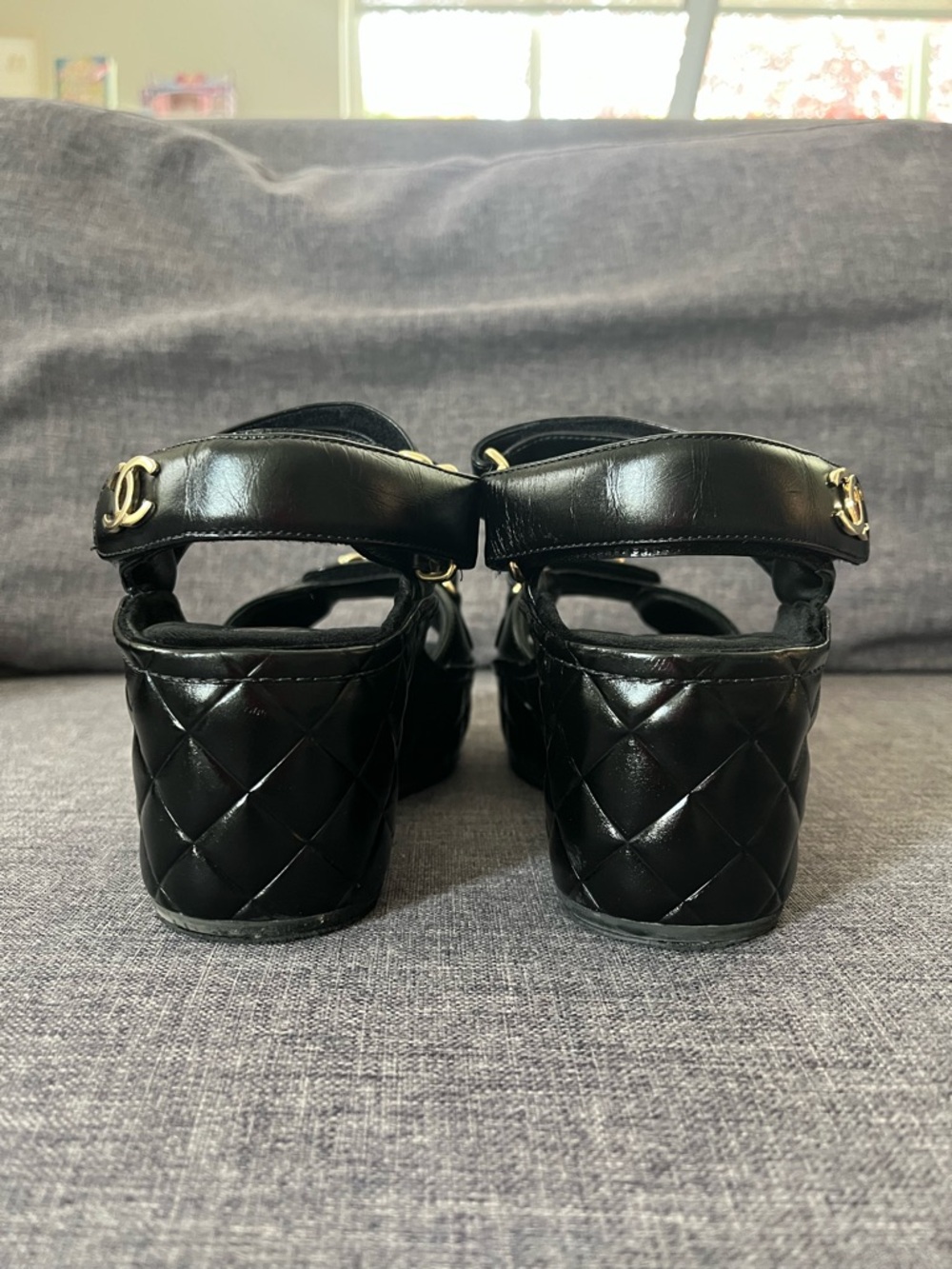 CHANEL Black Quilted Platform Sandals with Gold CC and Logo Straps - Picture 4 of 6